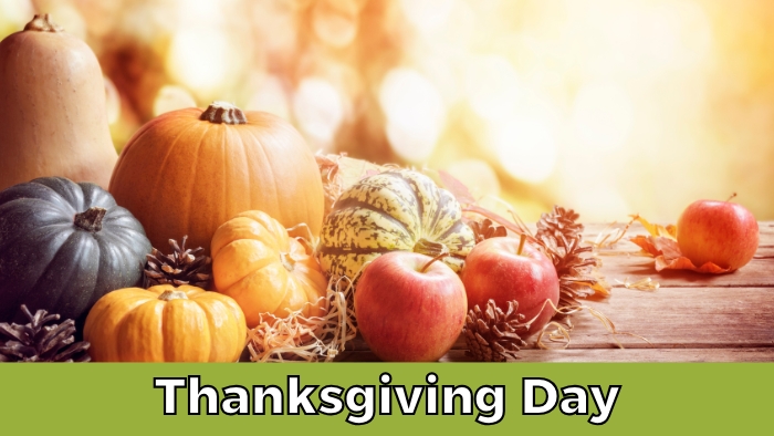 Thanksgiving Day logo with pumpkins and apples