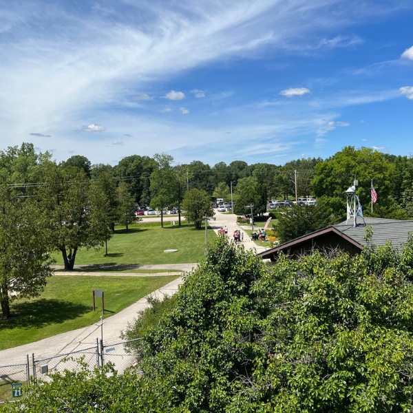 Overhead view of the NEW Zoo's entrance pathway in summertime