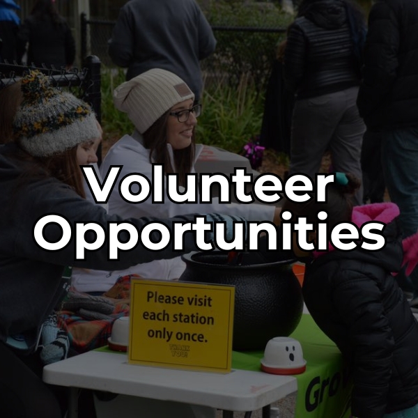 Image of smiling volunteers with text overlay that reads "Volunteer Opportunities"